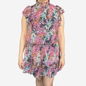 1. STATE Floral Flutter Sleeve Smocked Neck Tiered Mini Dress S